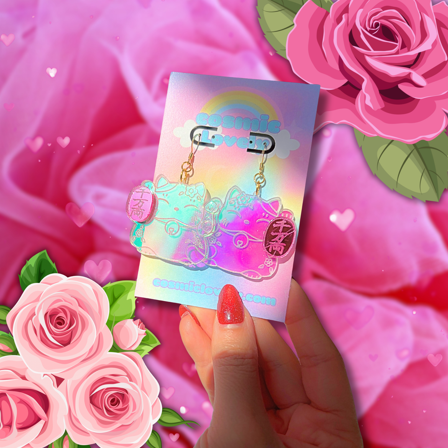 Iridescent Valentines Day love Maneki Neko Cat Earrings