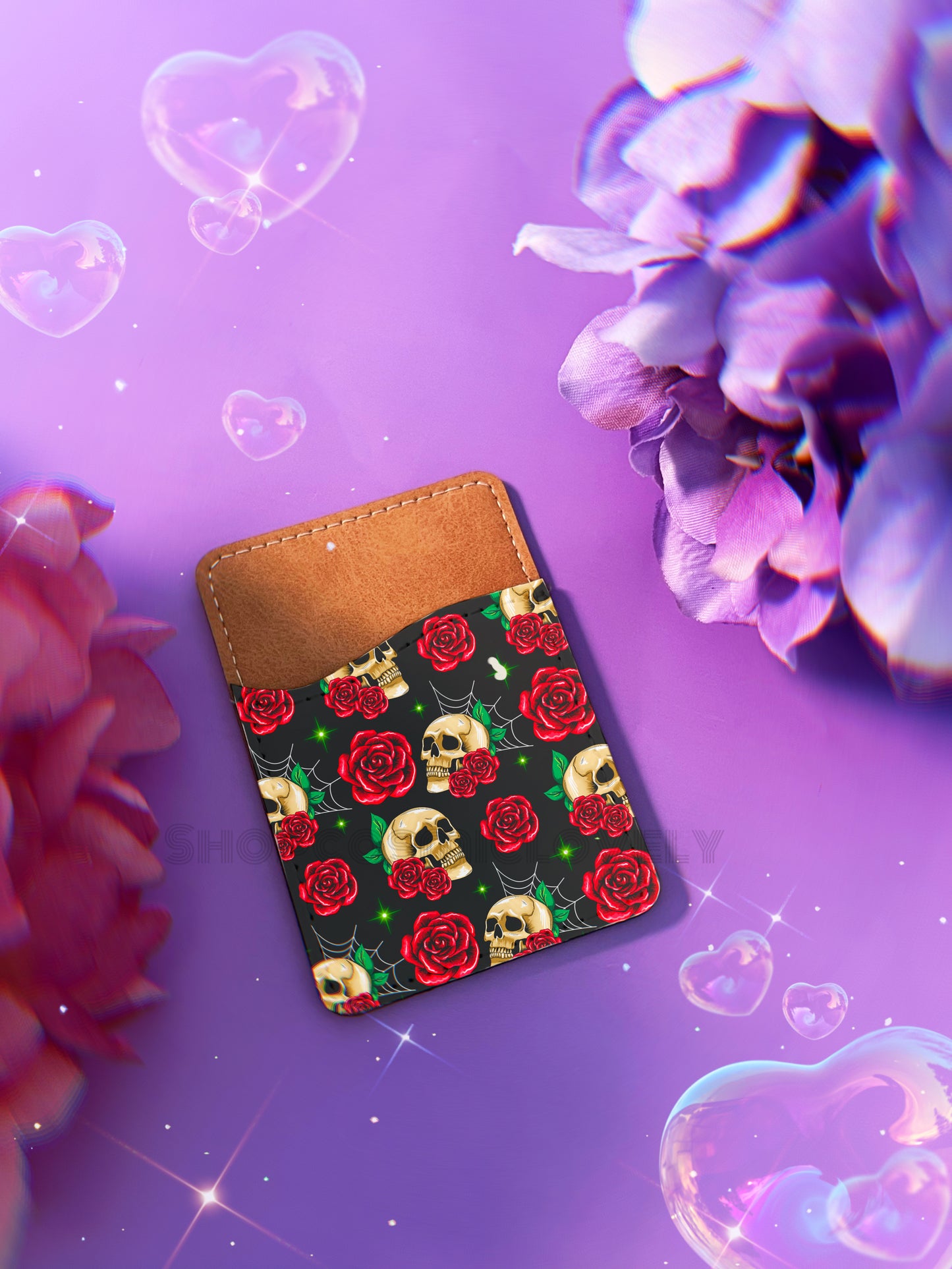 Skulls & Roses Leather Phone Card Holder