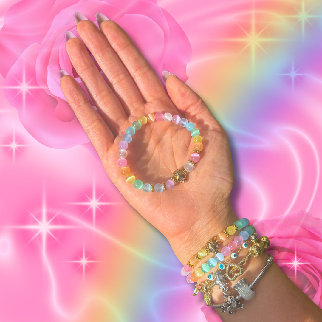 Rainbow Selenite Skull Bracelet | Selenite Halloween Jewelry