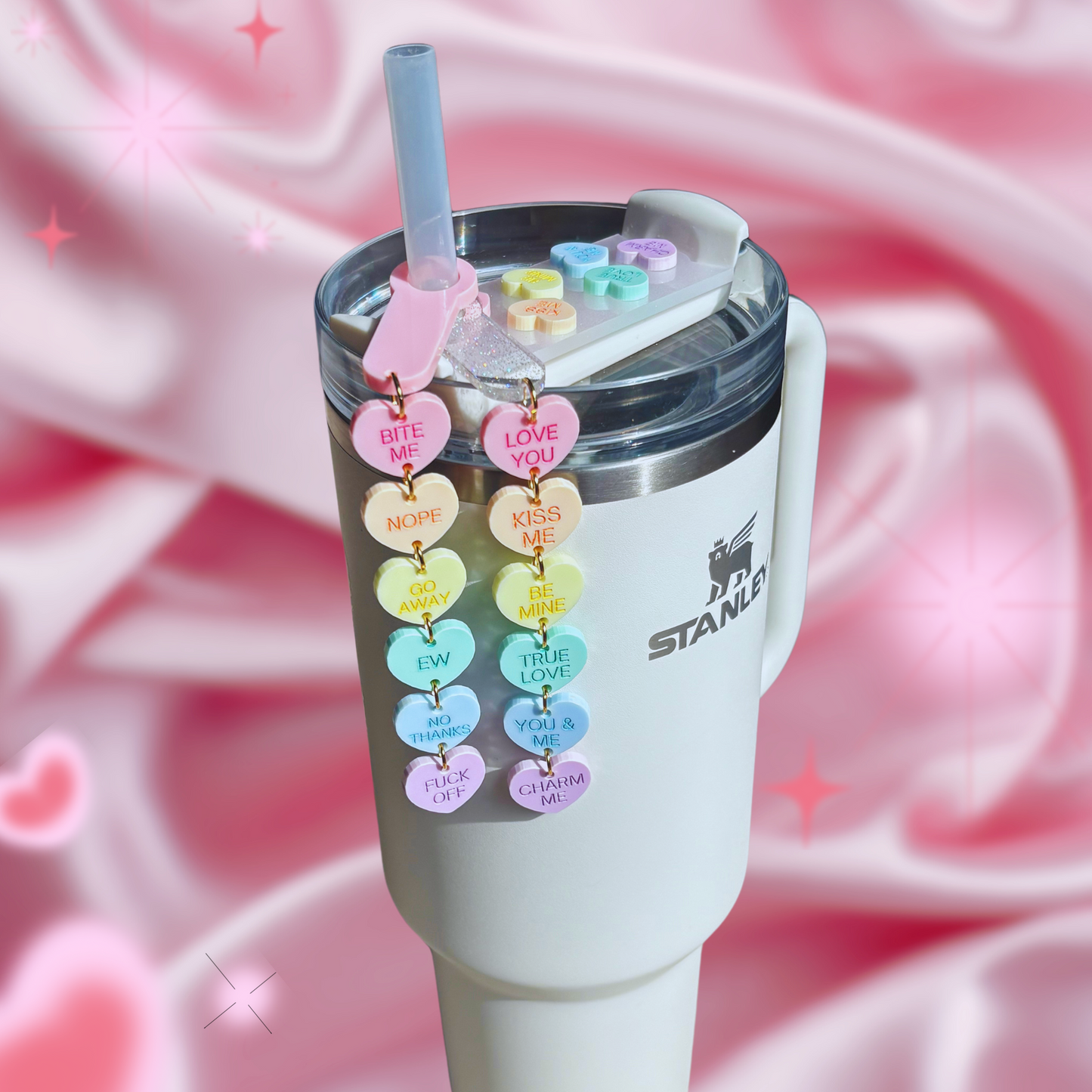 Anti-Valentines Love Day Candy Hearts Tumbler Cup Straw Charms 40oz | 30oz | 20 oz | 14oz Tumbler Cup Accessories | 40oz Tumbler Accessories