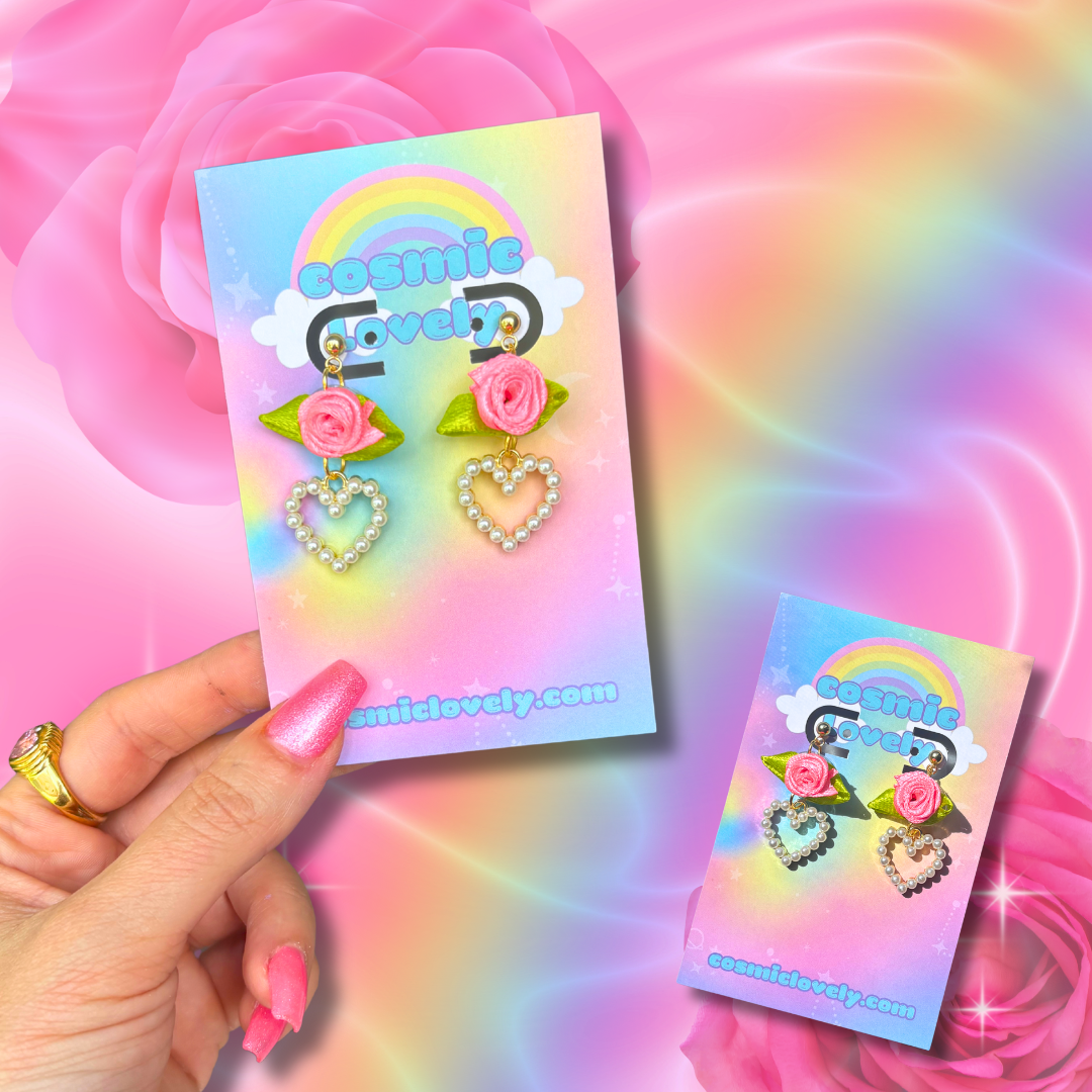 Neon Pink Flower Coquette Heart Earrings