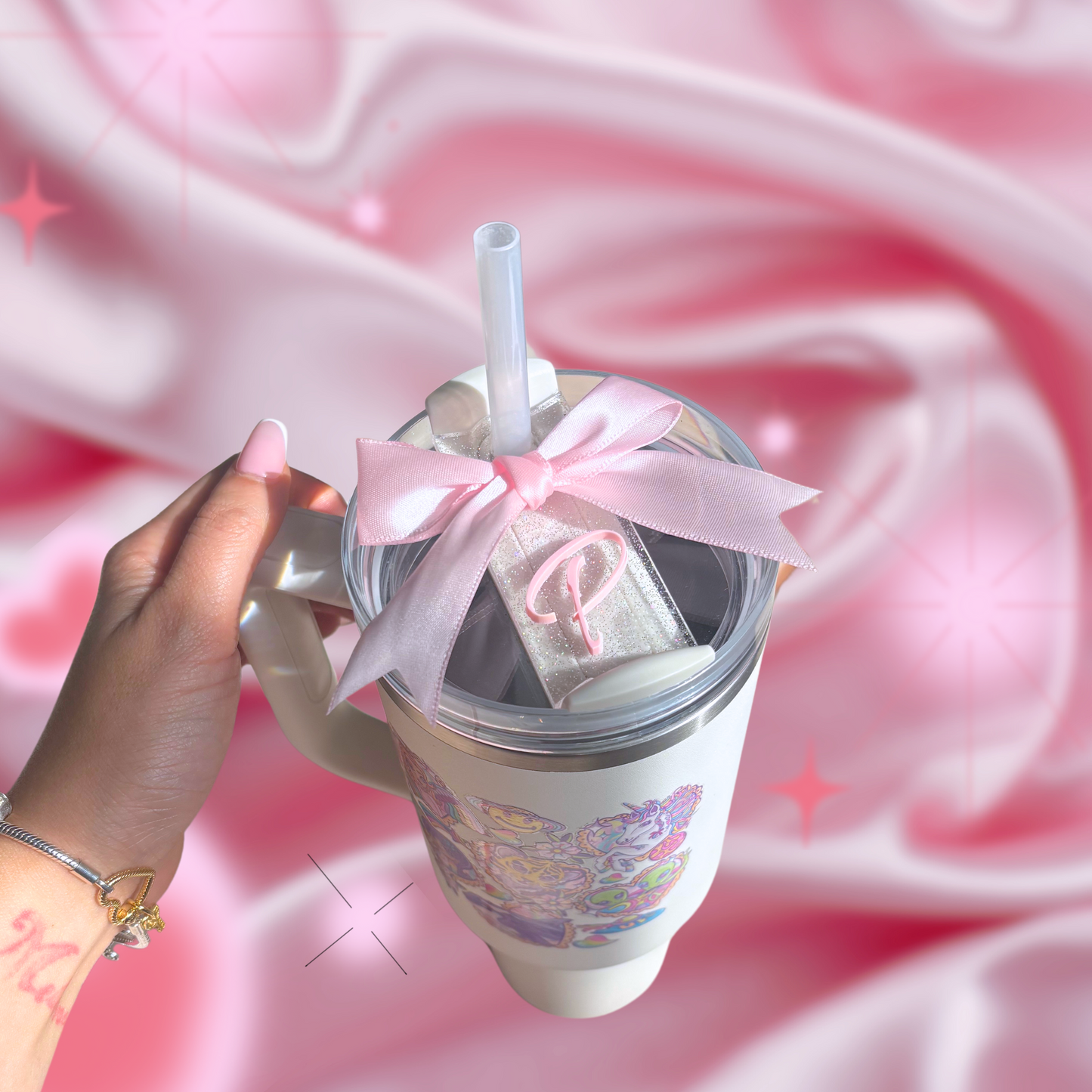 Coquette Pink Bow CUSTOM Initial Tumbler H2.0 Cup Topper 40oz | 30oz | 20 oz | Tumbler Cup Accessories | 40oz Tumbler Accessories