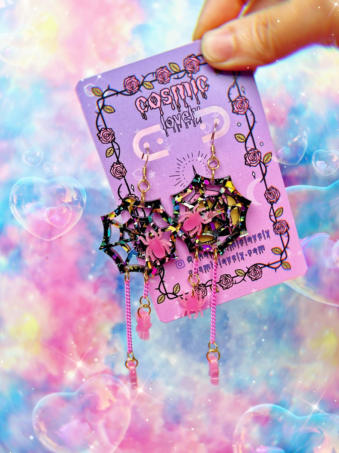 Rainbow Confetti Glow in the Dark Kawaii Spider Earrings