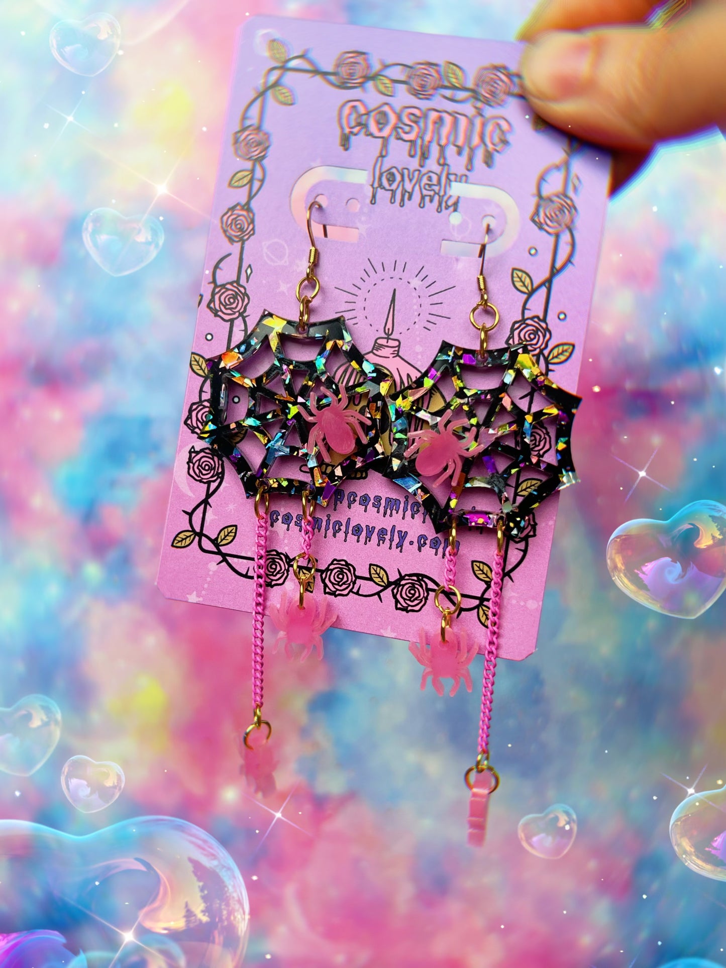 Rainbow Confetti Glow in the Dark Kawaii Spider Earrings