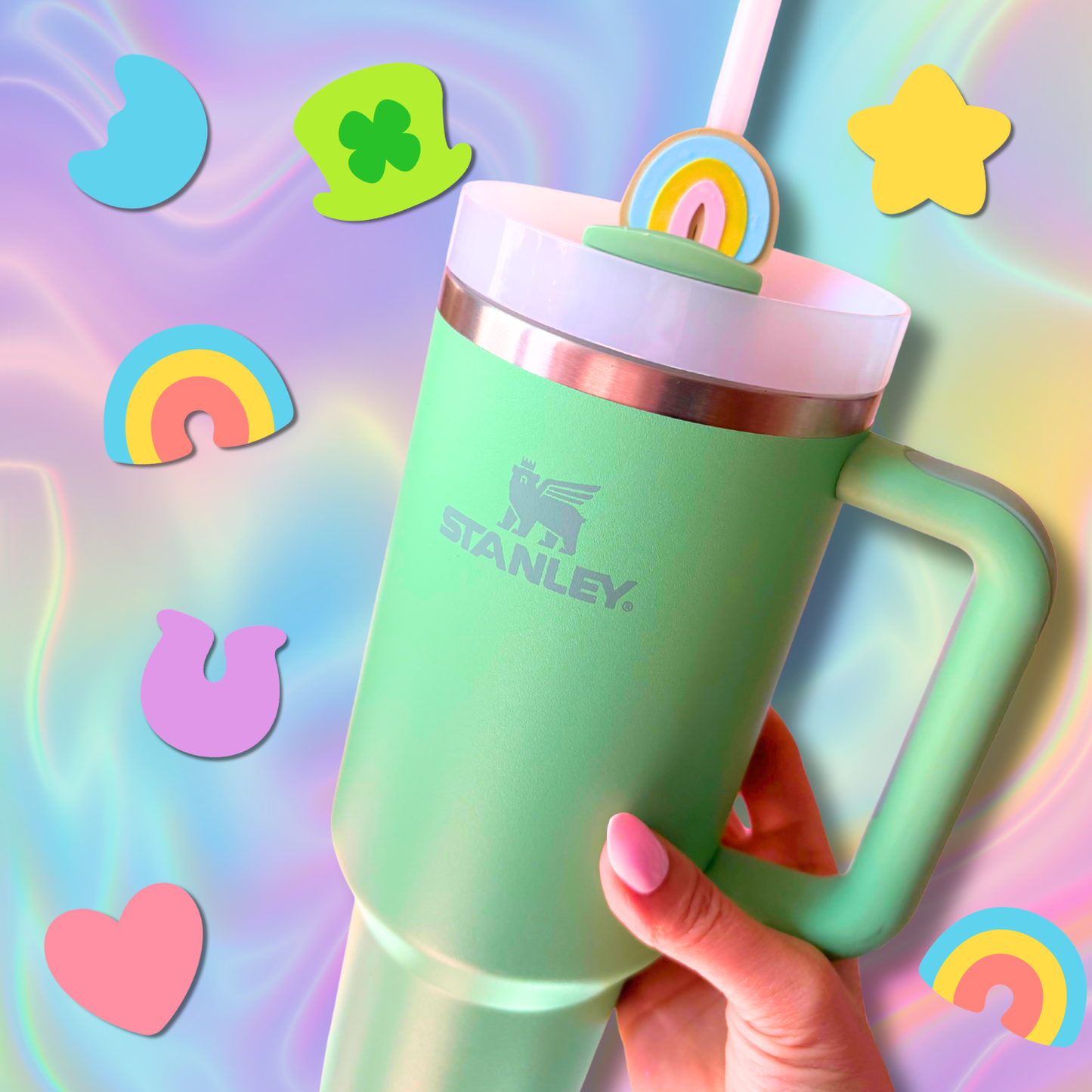 St. Patricks Day Marshmallow Rainbow Charm Stanley Straw Topper Accessories