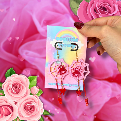 Valentines Day Iridescent Pink Spider Web Earrings