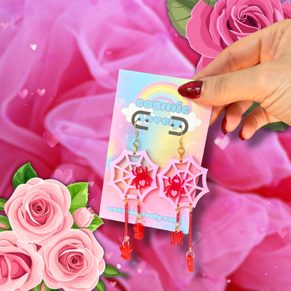 Valentines Day Iridescent Pink Spider Web Earrings
