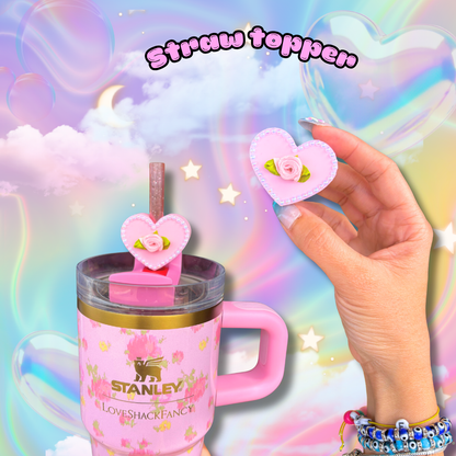 Coquette Pearl Rose Heart Girly Stanley Straw Topper
