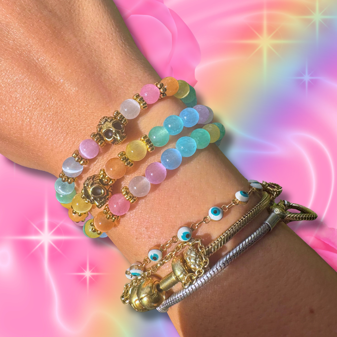 Rainbow Selenite Skull Bracelet | Selenite Halloween Jewelry