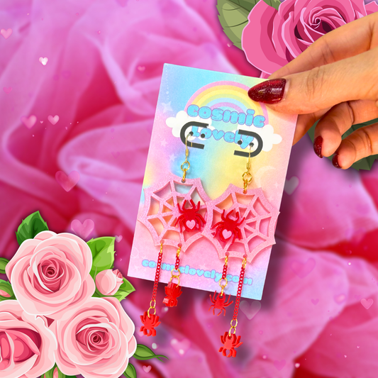 Valentines Day Iridescent Pink Spider Web Earrings