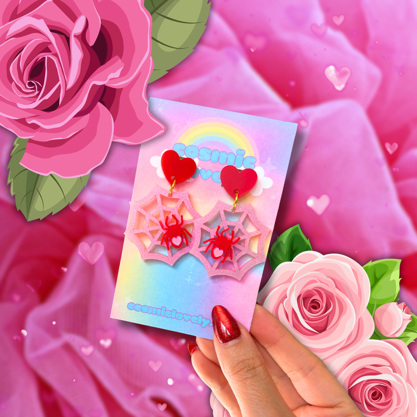 Small Valentines Day Iridescent Pink Spider Web Earrings