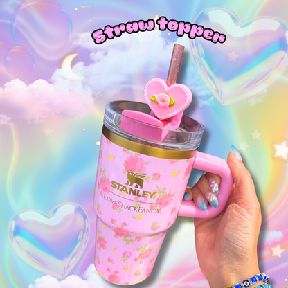 Coquette Pearl Rose Heart Girly Stanley Straw Topper