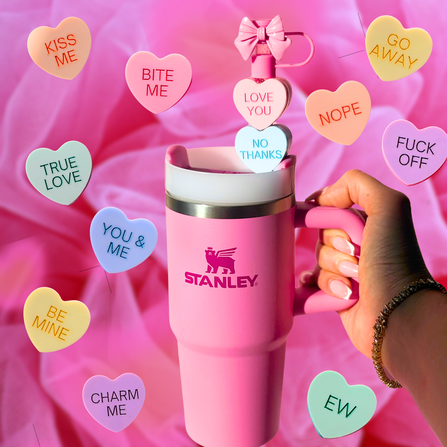 Valentines Love Day Candy Hearts Tumbler Straw Toppers