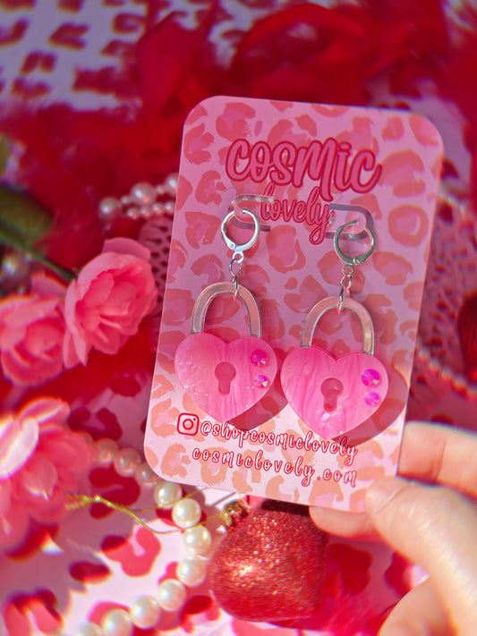 Pink Heart Lock Earrings