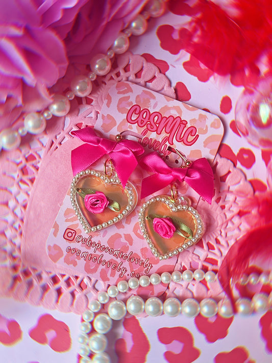 Iridescent Hot Pink Bow Coquette Heart Earrings