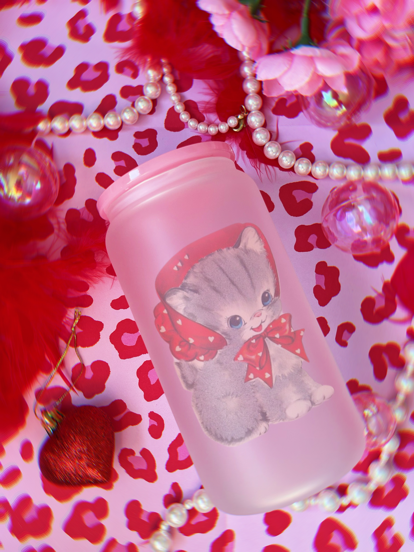 Pink Vintage Love Kitty Frosted Glass Cup 16oz