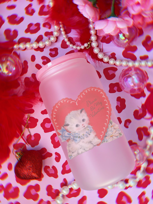 Pink Vintage Be My Valentine Kitty Frosted Glass Cup 16oz