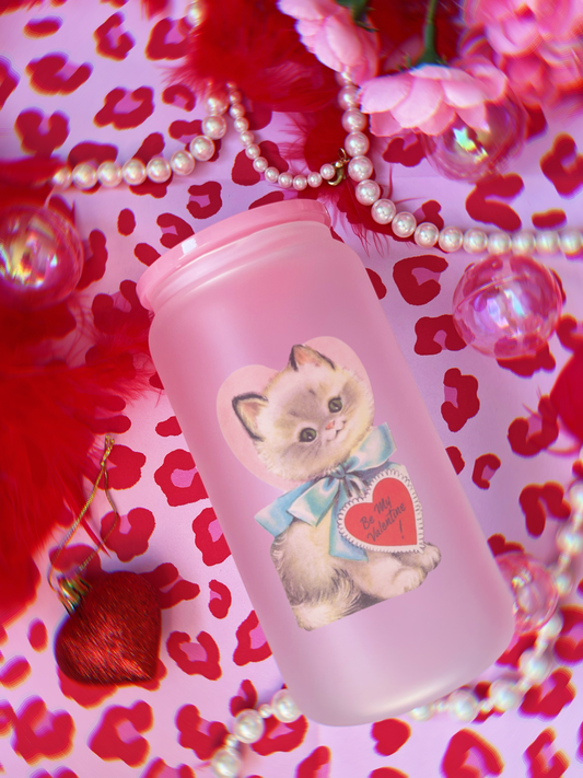 Pink Vintage Valentines Kitty Frosted Glass Cup 16oz