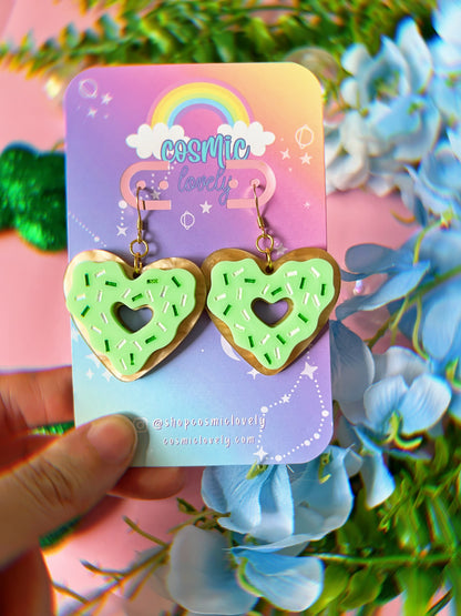 Shamrock Green Heart Donut Earrings