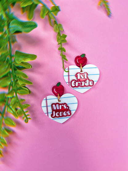 CUSTOM Teacher School Paper Name or Grade Earrings