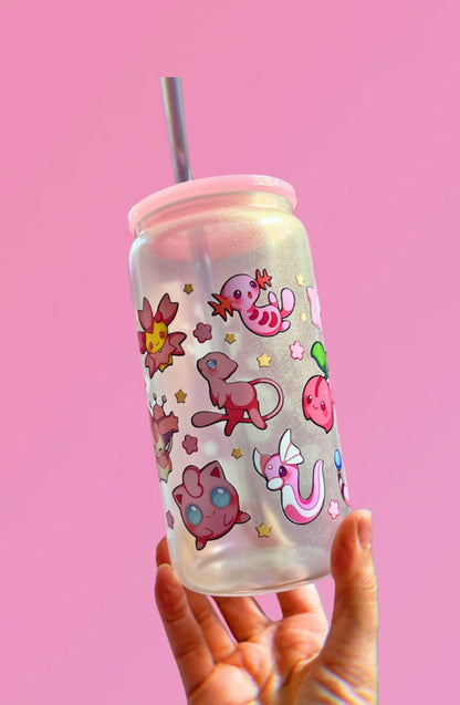 Iridescent Shimmer Pink Cuties 16oz Glass Can Cup