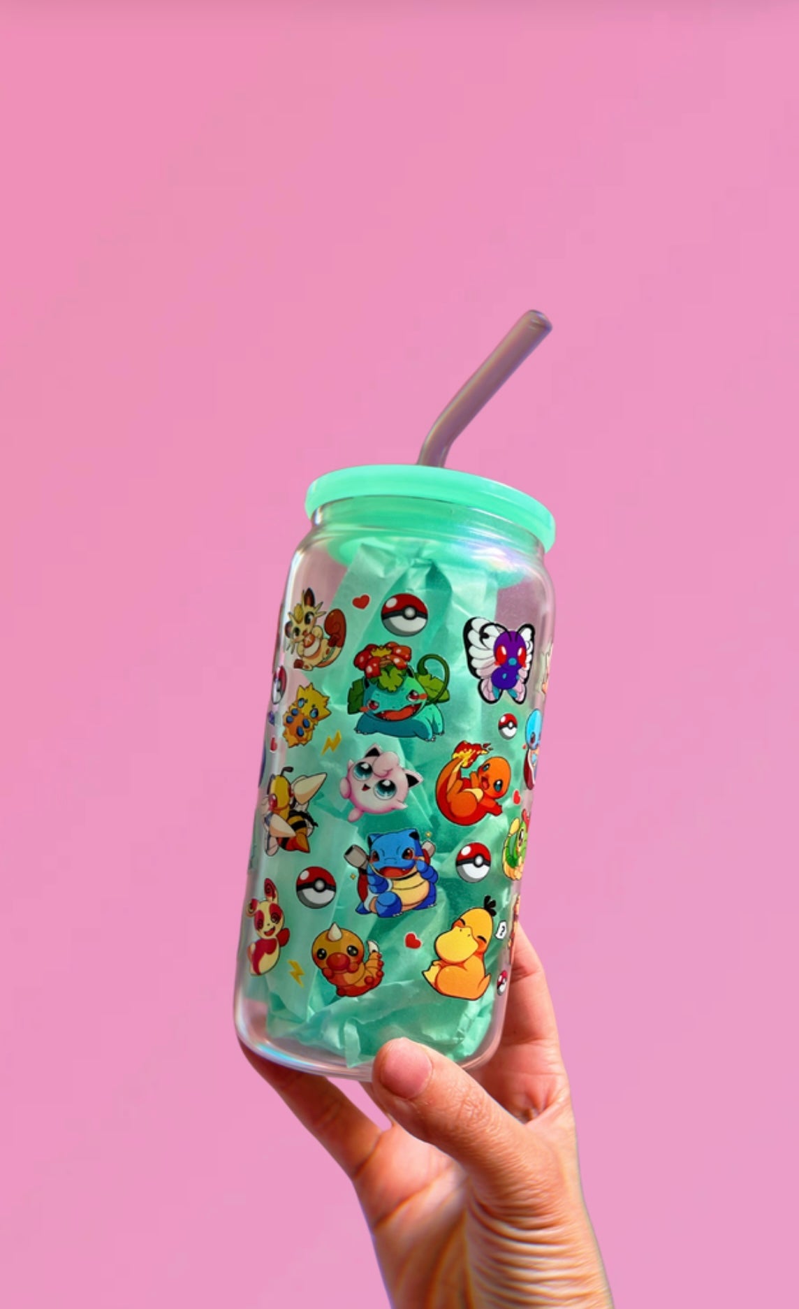 Iridescent Shimmer Mint Cuties 16oz Glass Can Cup