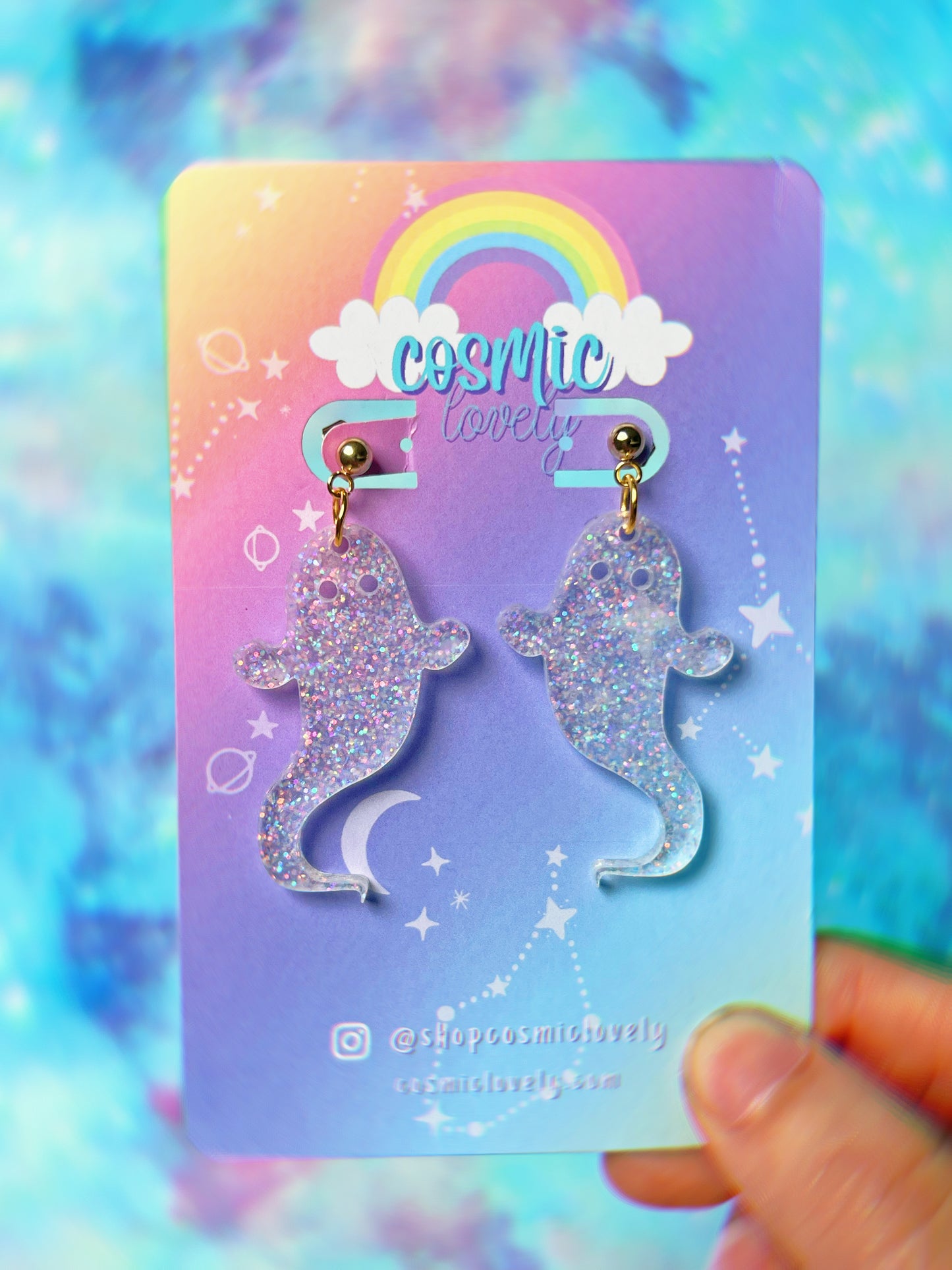 Cute White Rainbow Glitter Ghostie Earrings