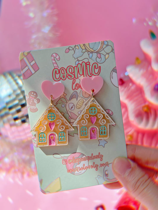 Pink Christmas Gingerbread House Earrings