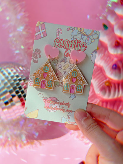 Pink Christmas Gingerbread House Earrings