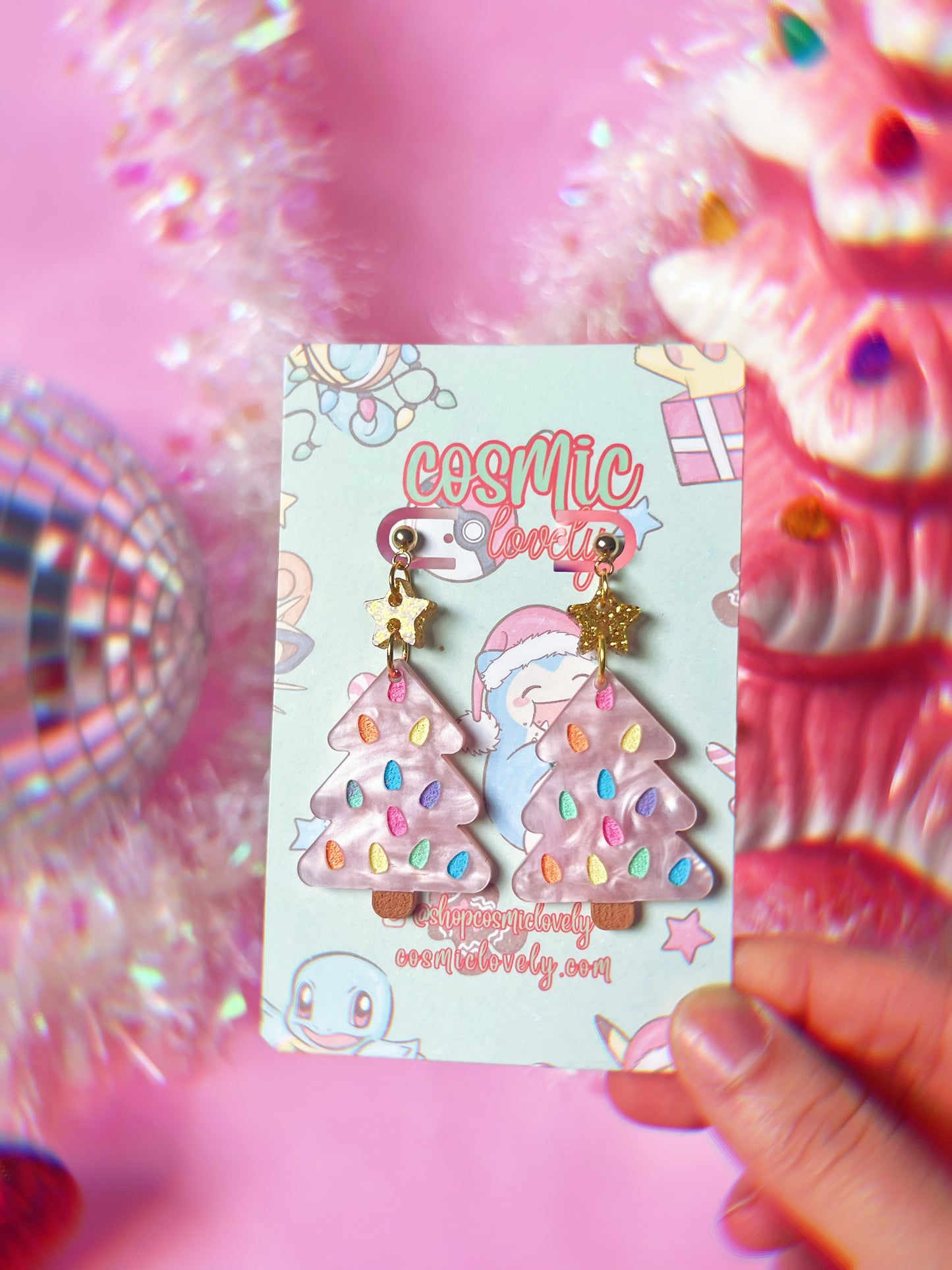 Pastel Pink Rainbow Christmas Tree Earrings