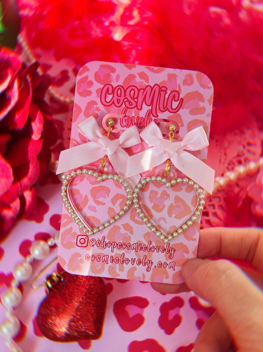 Pink Bow Coquette Heart Earrings