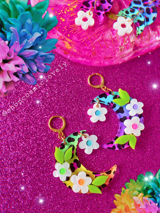 Rainbow Leopard Moon Flower Earrings